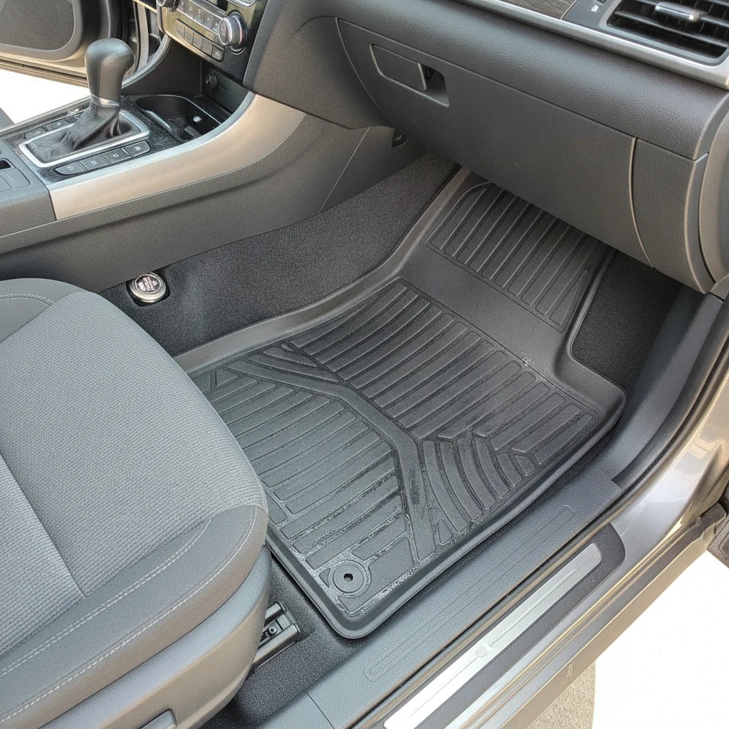 Freshly shampooed car carpet and clean floor mats viewed from above inside the cabin