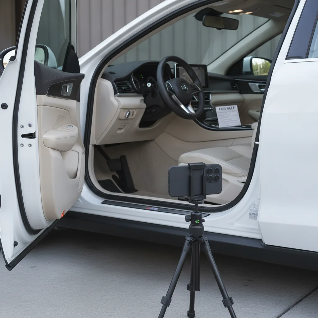 Smartphone on tripod photographing clean car interior in shade for a vehicle listing