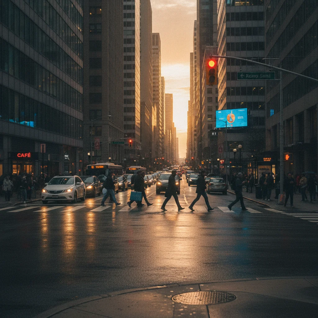 Ground-level view of vehicles stopped at a red light at a busy urban intersection at dusk