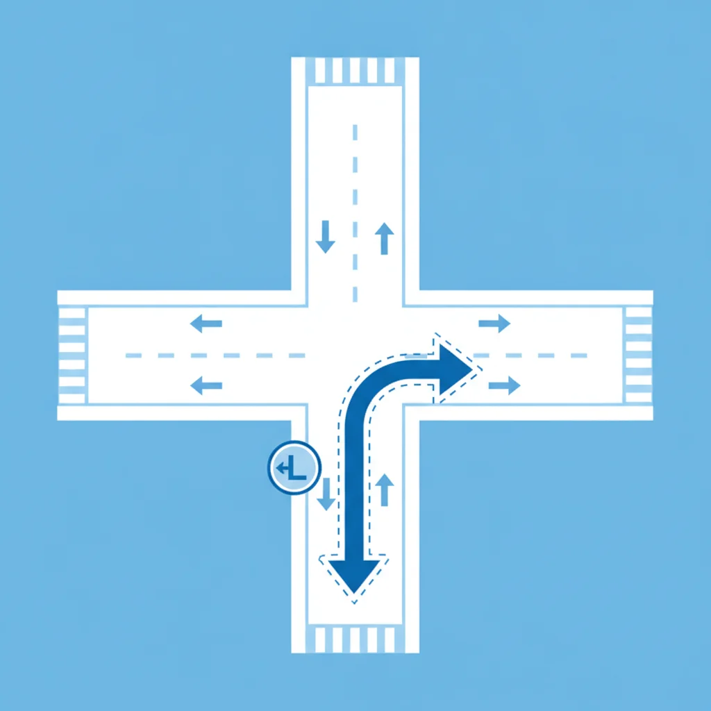 Overhead diagram illustrating a left-turn path crossing oncoming traffic lanes at a four-way intersection