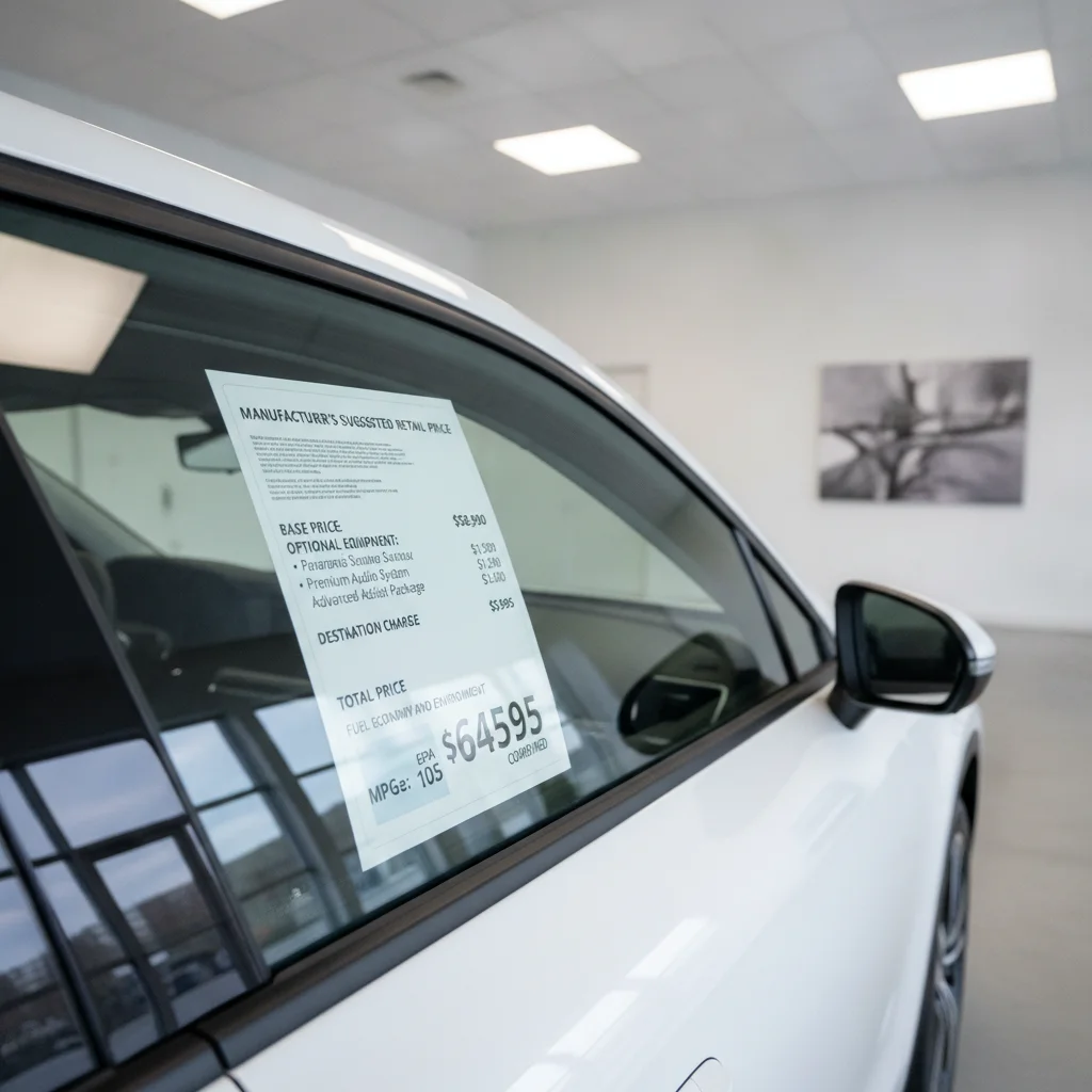 Close-up of Monroney sticker on a new car showing MSRP, options, and transportation charges