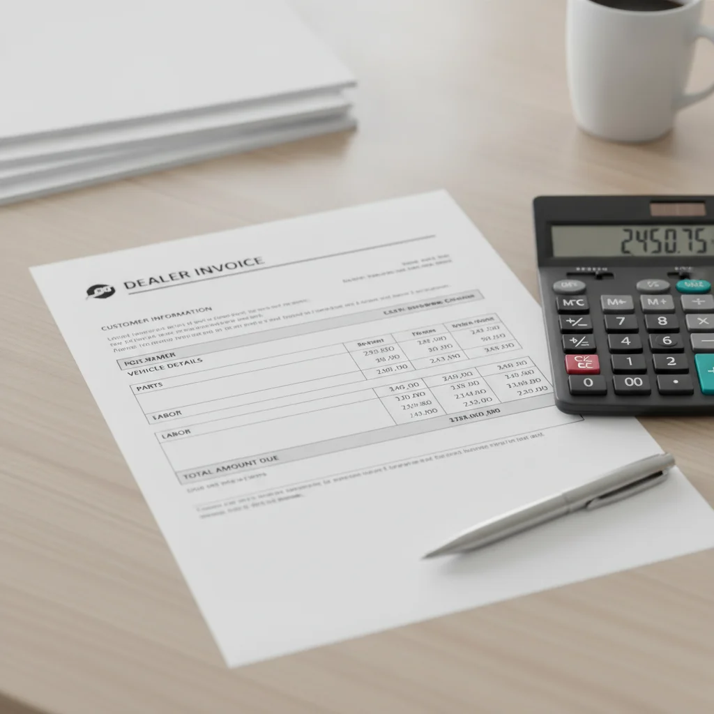 Dealer vehicle invoice document on a desk with calculator and pen showing vehicle pricing breakdown