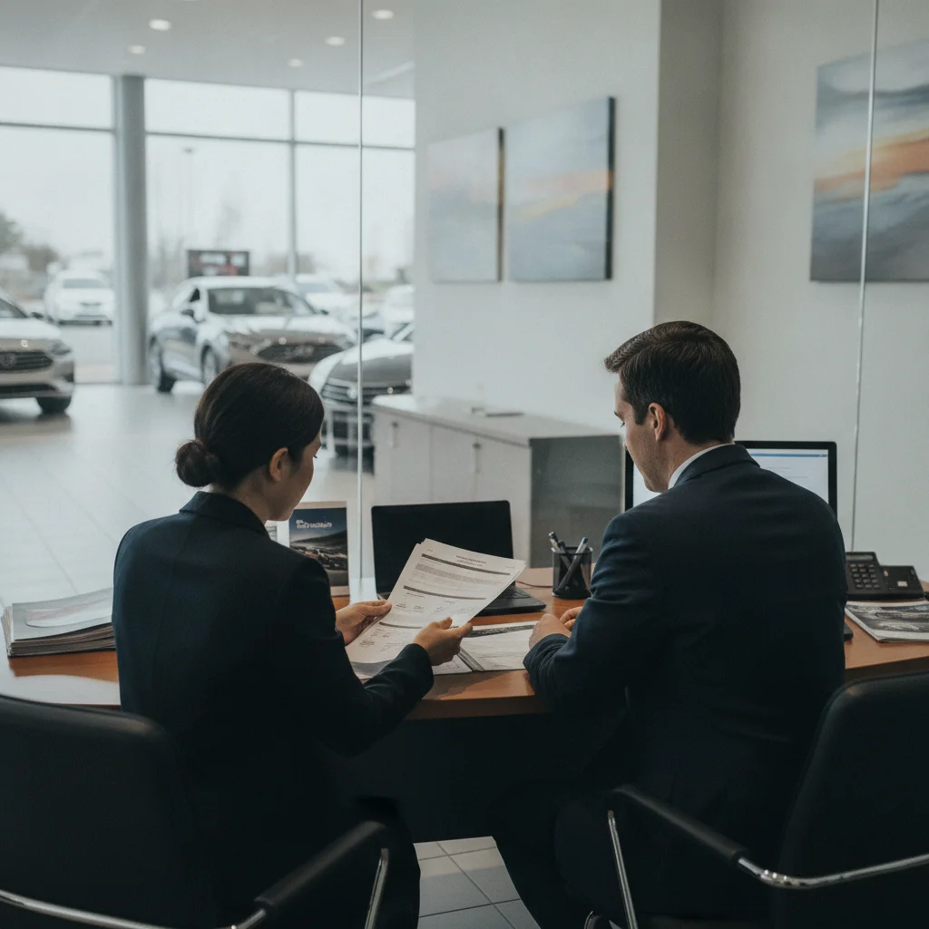Car buyer reviewing vehicle purchase paperwork with salesperson at a dealership finance desk