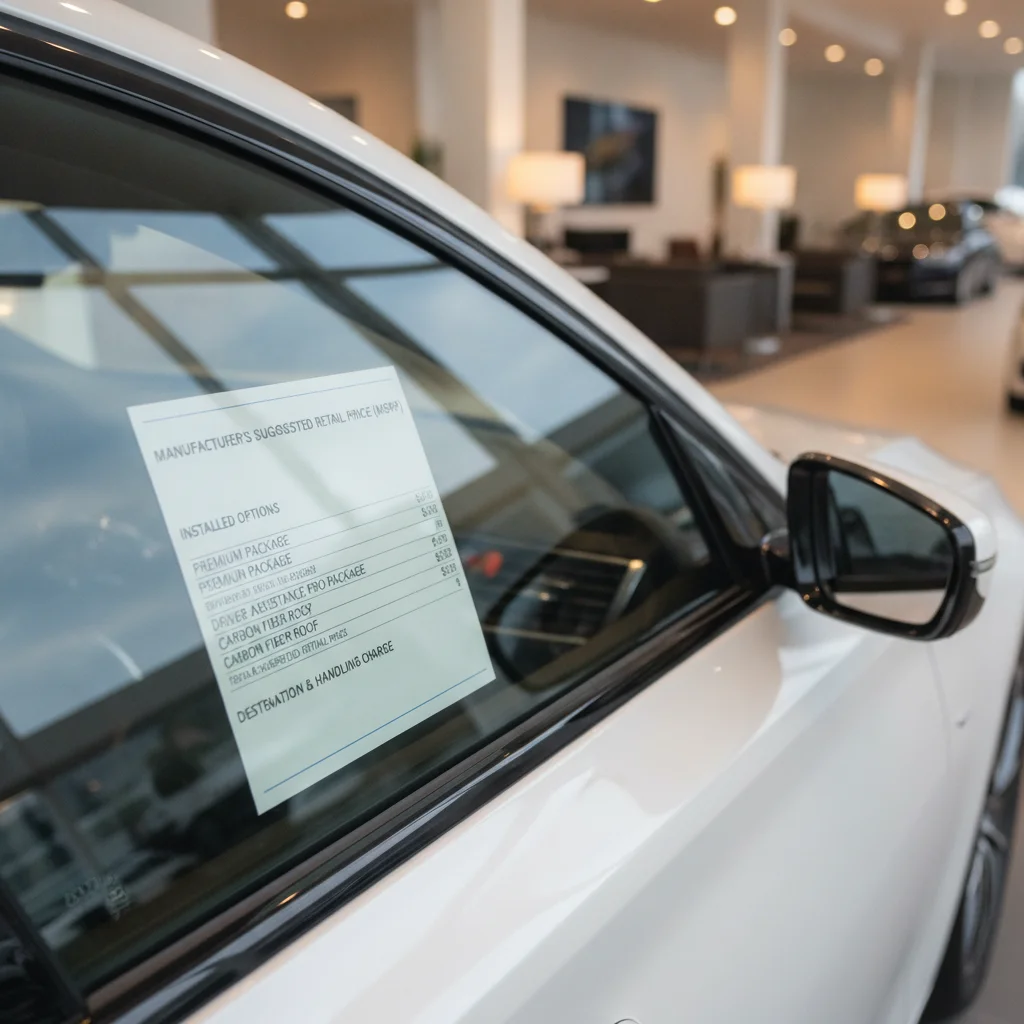 Car window sticker in dealership showroom displaying MSRP breakdown and options pricing