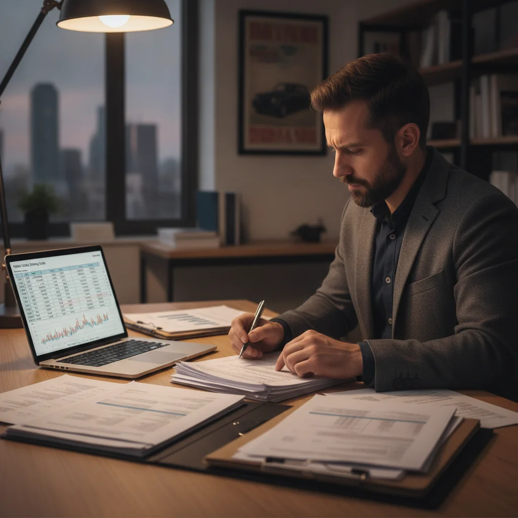 Person reviewing vehicle invoice price documents alongside online pricing tool data on laptop