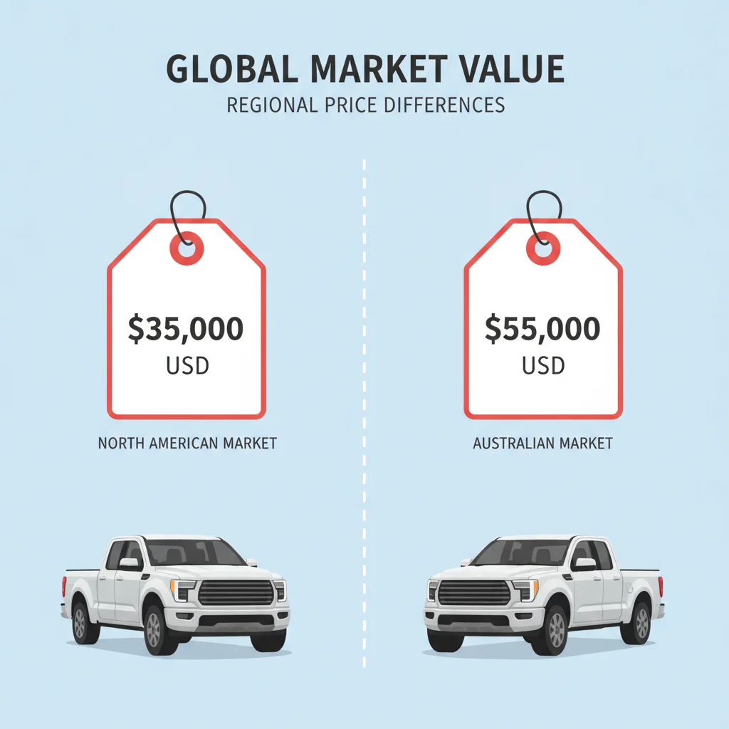 Two identical trucks with different price tags illustrating regional market value variation across states