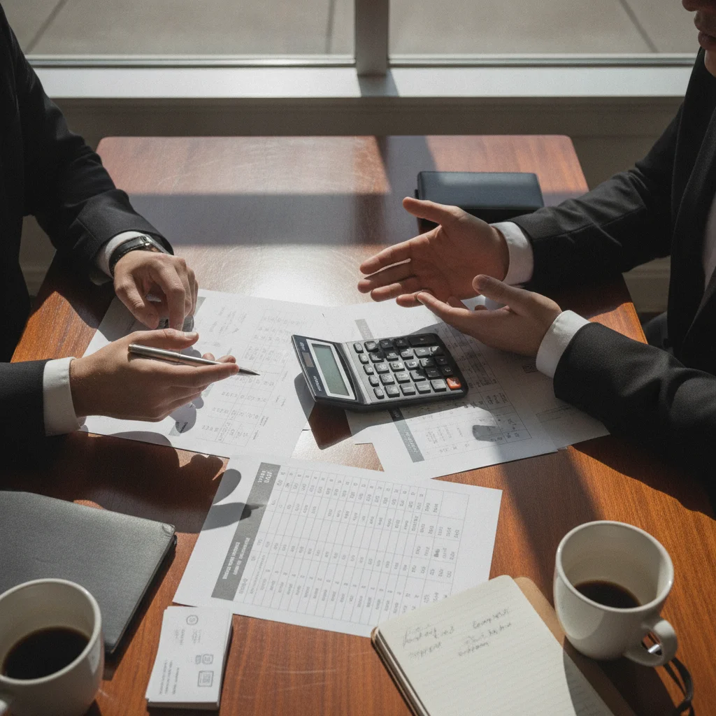 Car negotiation table with pricing sheets and a calculator during a dealership deal discussion