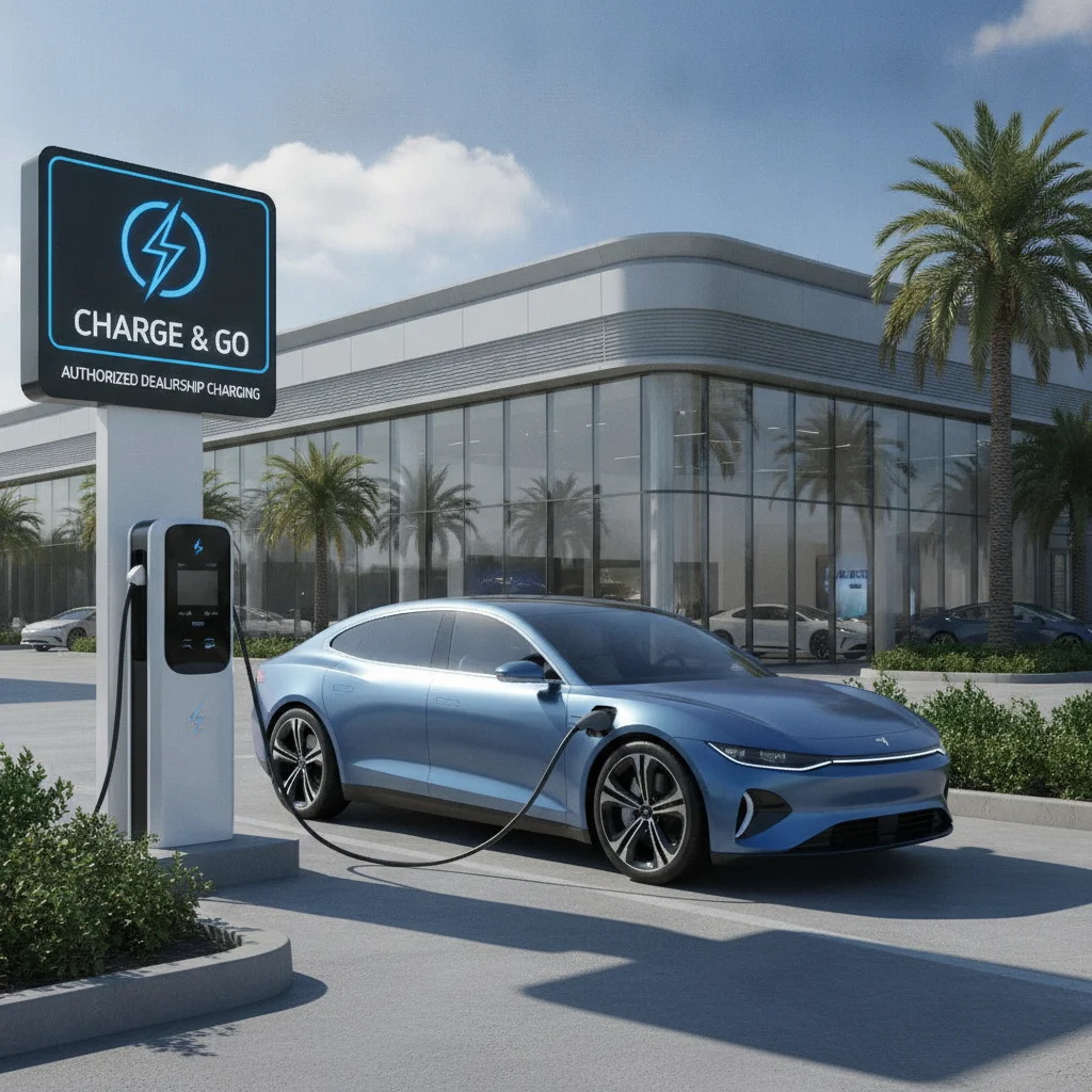 Electric vehicle plugged into a charging station at a modern car dealership during daytime