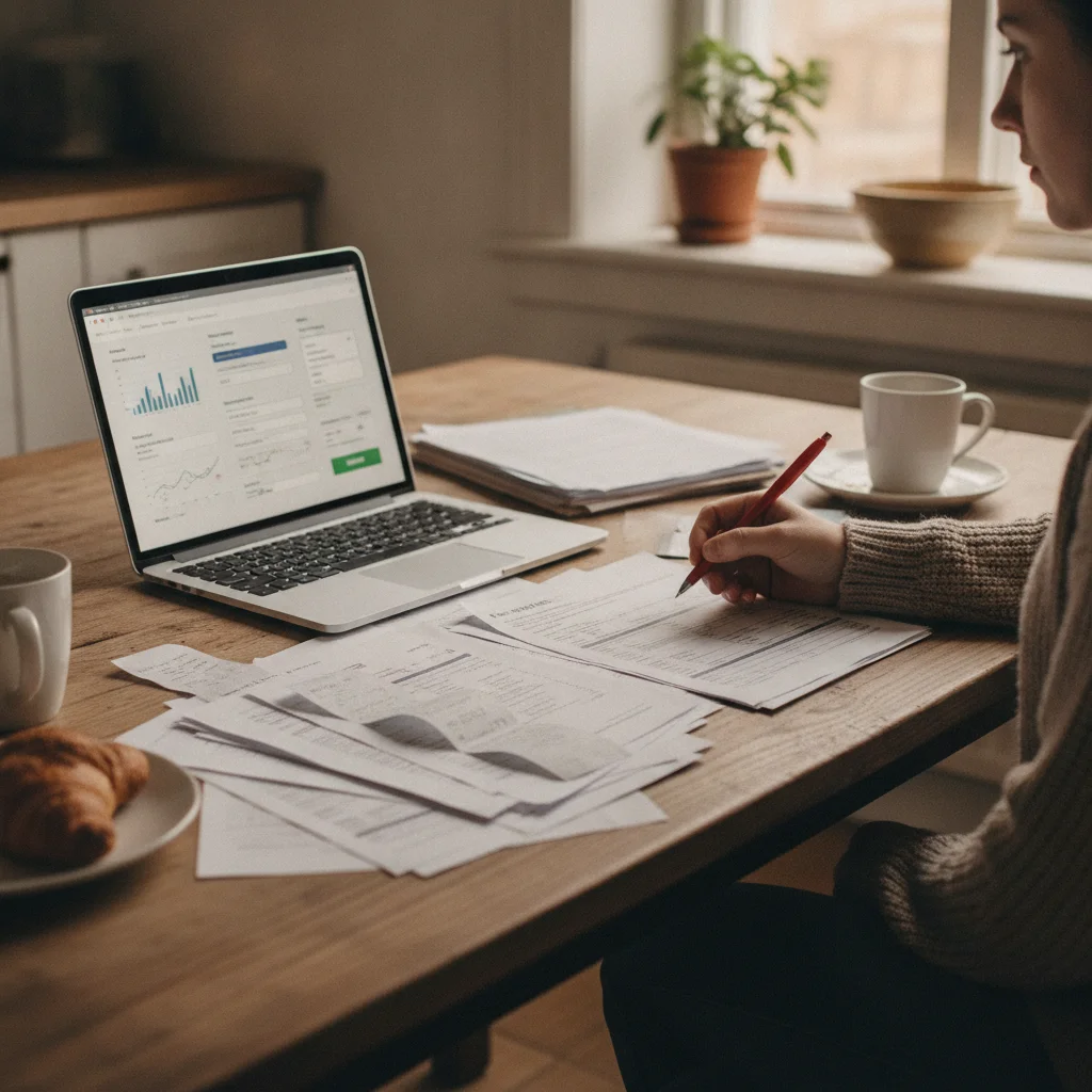Person reviewing EV tax credit documents at a kitchen table with tax software open on a laptop