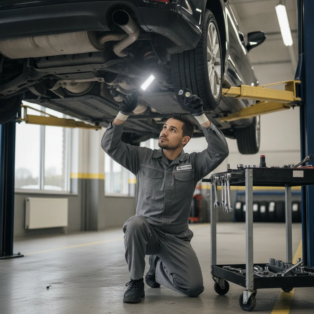 A mechanic inspecting the undercarriage of a vehicle during a certified pre-owned multi-point inspection