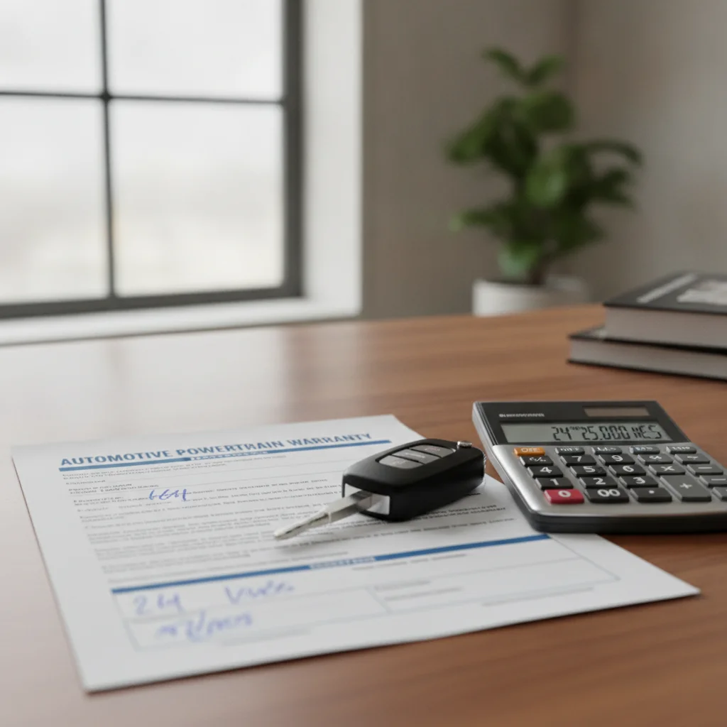 A printed extended warranty document next to a car key fob and a calculator on a desk