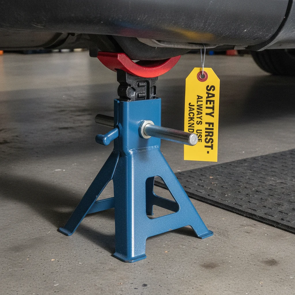 Steel jack stand with ratcheting pin mechanism supporting a car on concrete garage floor