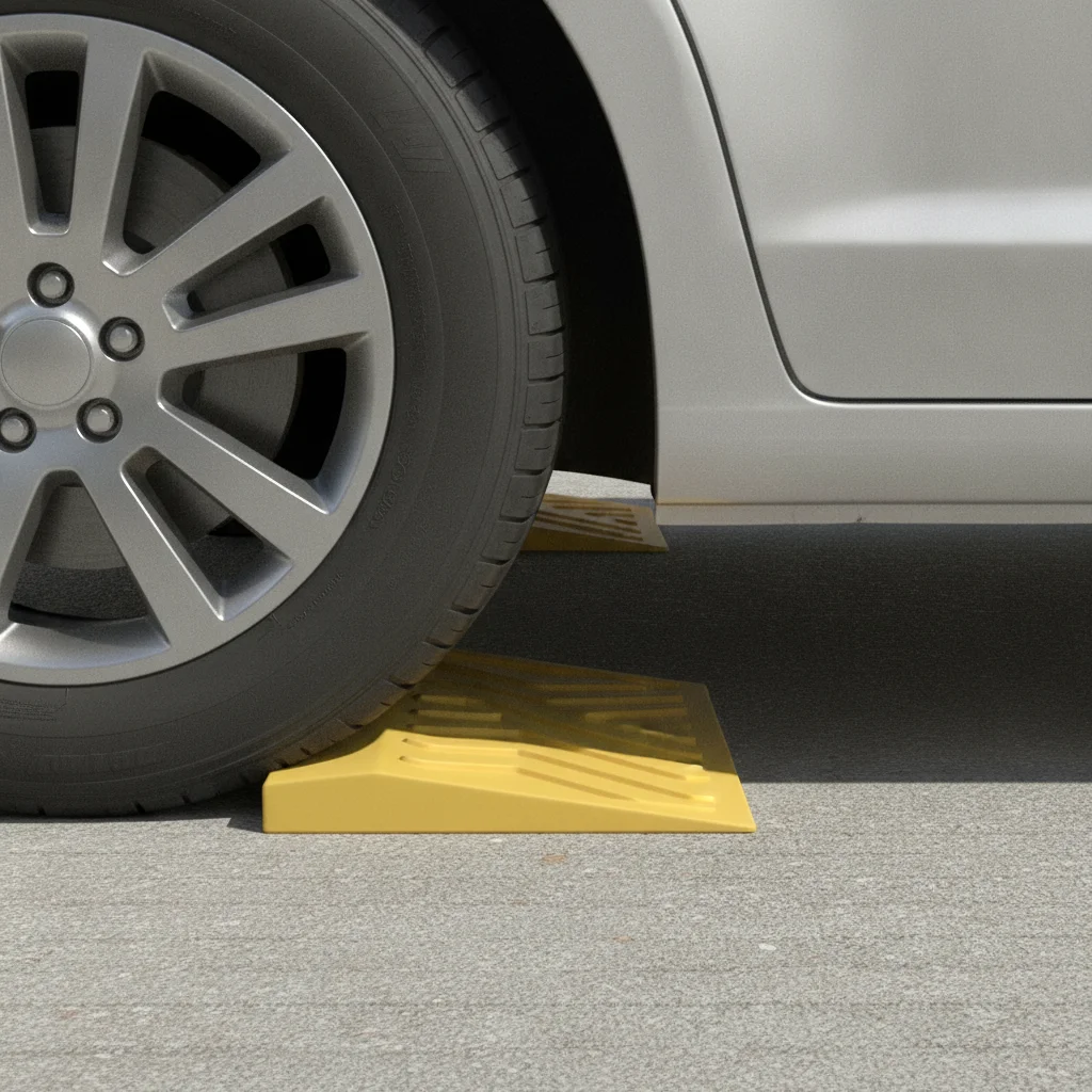 Yellow plastic drive-up ramp with a car tire resting on top in a concrete driveway