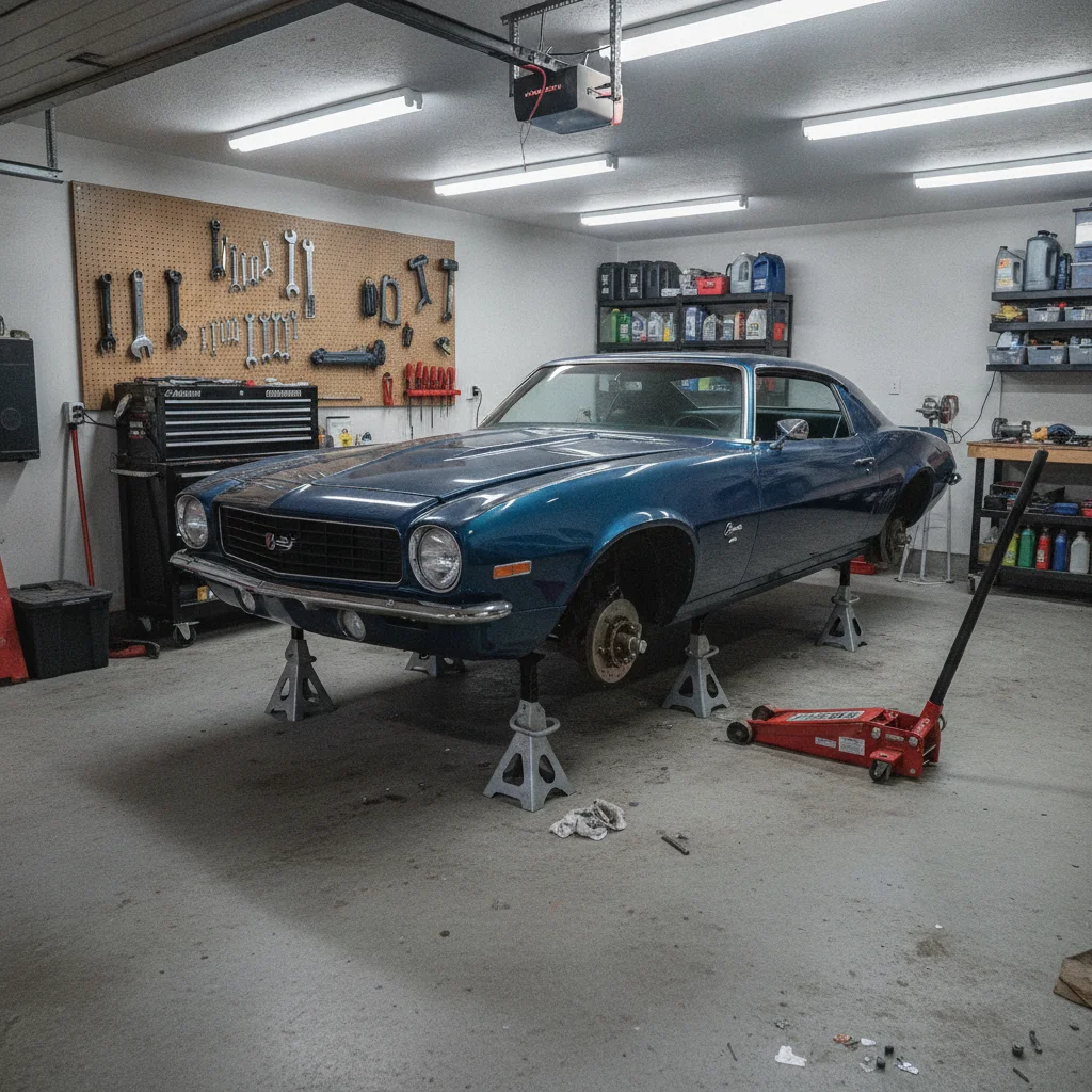 Car supported on four jack stands at each corner of the vehicle in a well-organized home garage