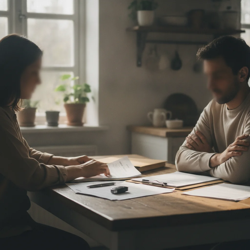 Two co-owners reviewing car sale documents together at a table with keys between them