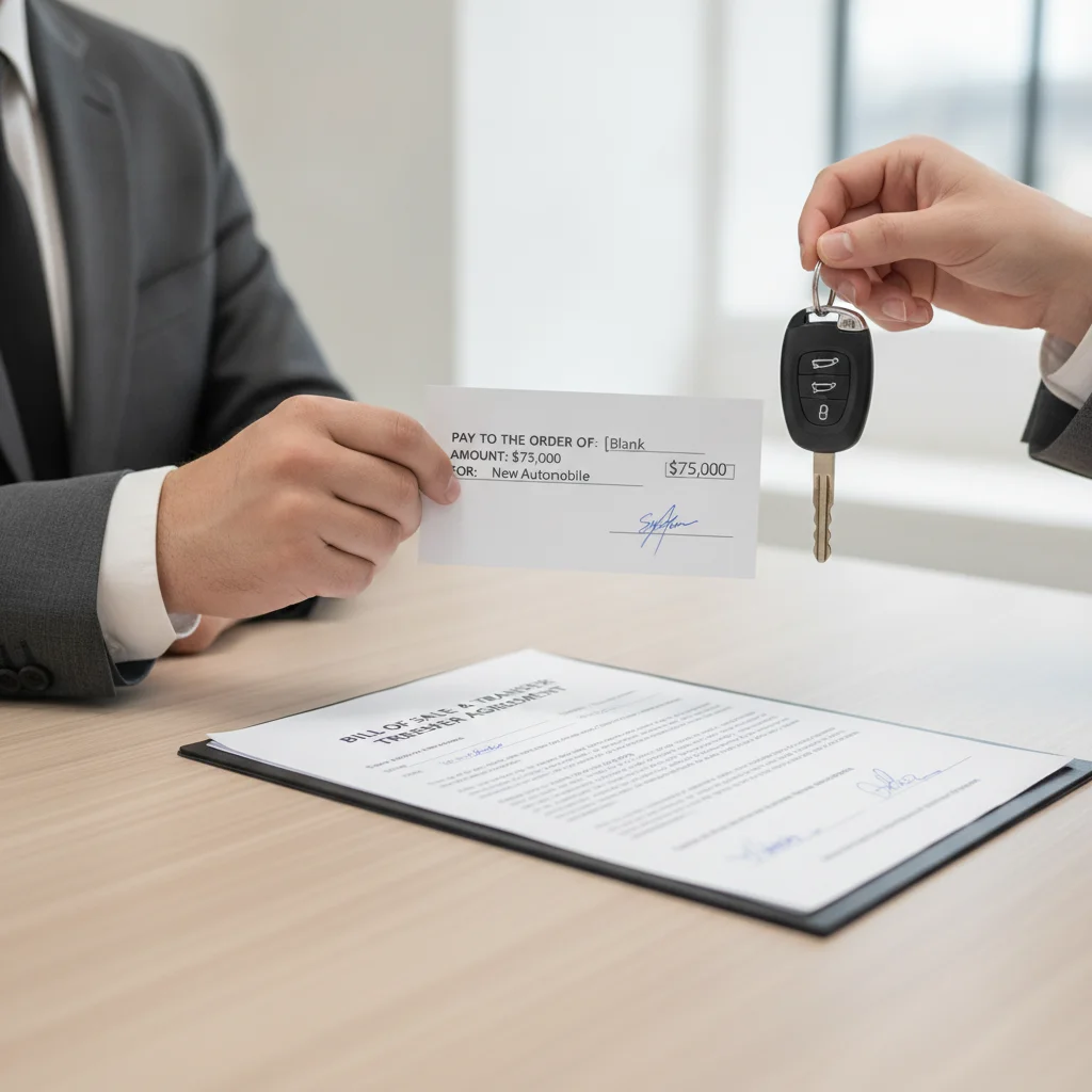 Exchange of payment check and car keys at the moment of completing a vehicle sale