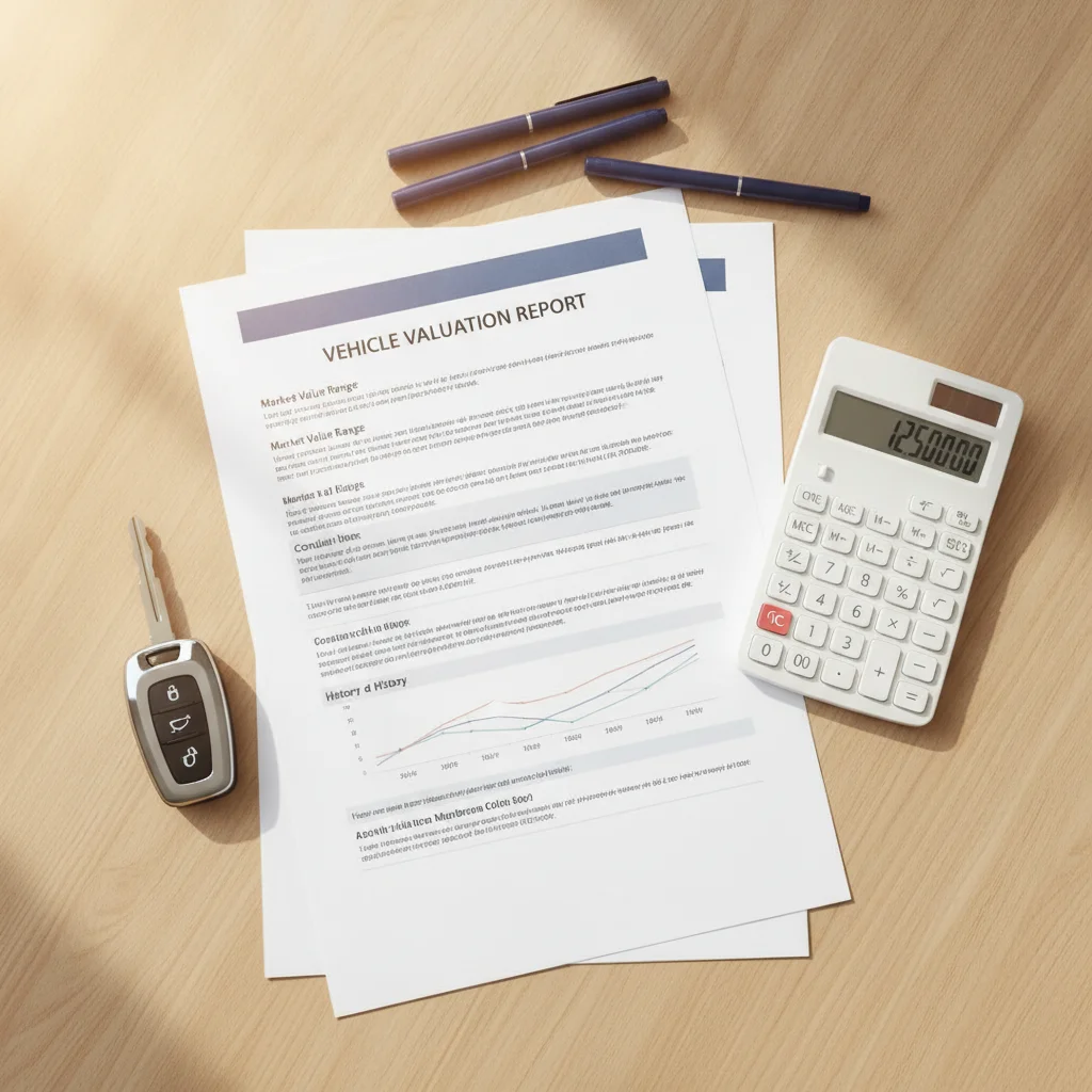 Printed car valuation report next to car keys and a calculator on a wooden desk