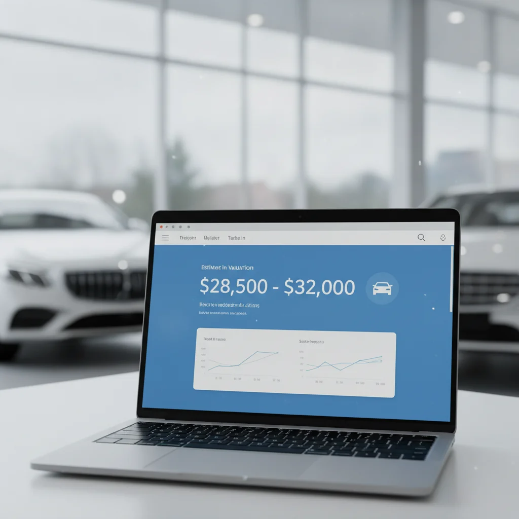 Laptop screen displaying a car trade-in valuation tool with dollar amount estimates visible