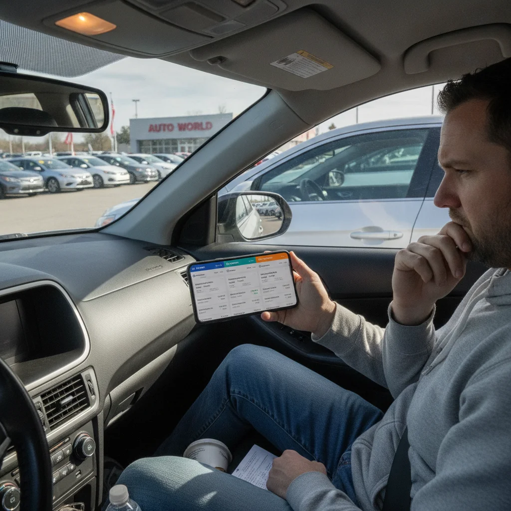 Person in a car reviewing multiple trade-in valuation estimates on a smartphone before entering a dealership