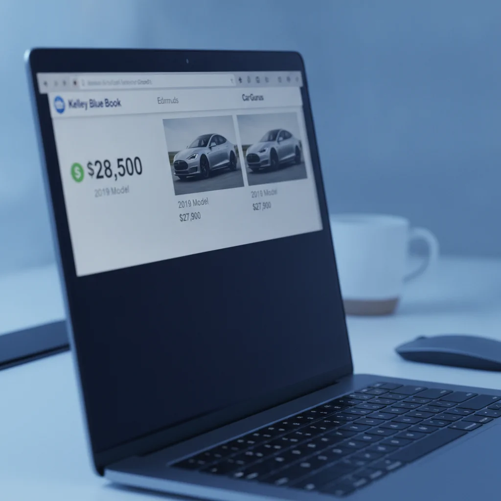 Laptop screen showing three open browser tabs with different car valuation numbers for the same vehicle
