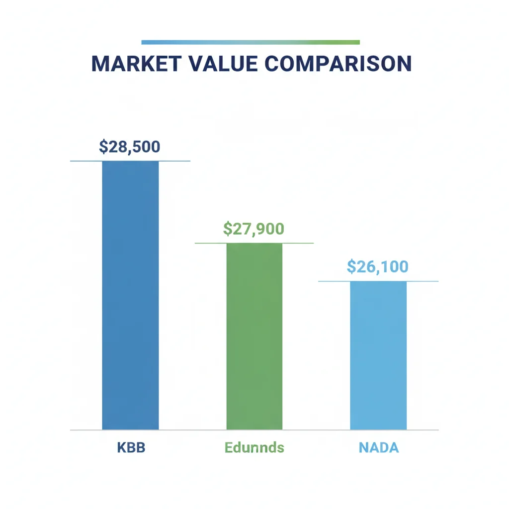 Bar chart comparing KBB, Edmunds, and NADA valuation estimates showing different dollar amounts for the same car