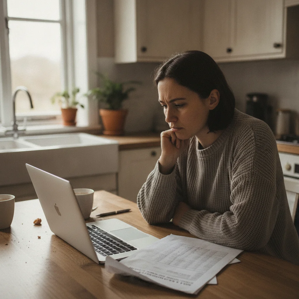 Person comparing car valuation numbers from multiple online tools at a kitchen table with a laptop