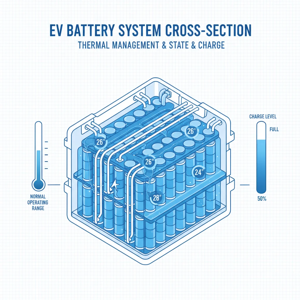 Illustrated cross-section of an EV battery pack showing optimal mid-range state of charge and temperature zones