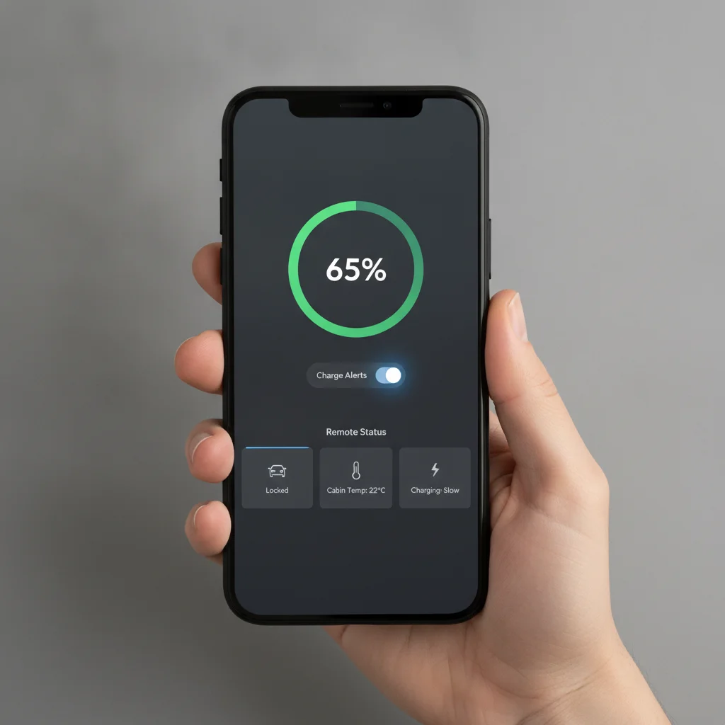 Smartphone showing EV companion app with battery level at 65% and charge alert notifications enabled