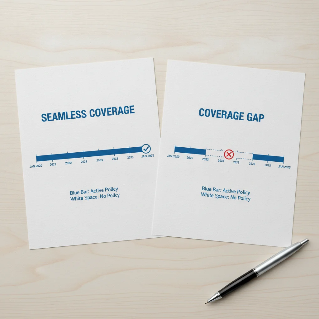 Two insurance policy timelines side by side, one continuous and one showing a gap in coverage.
