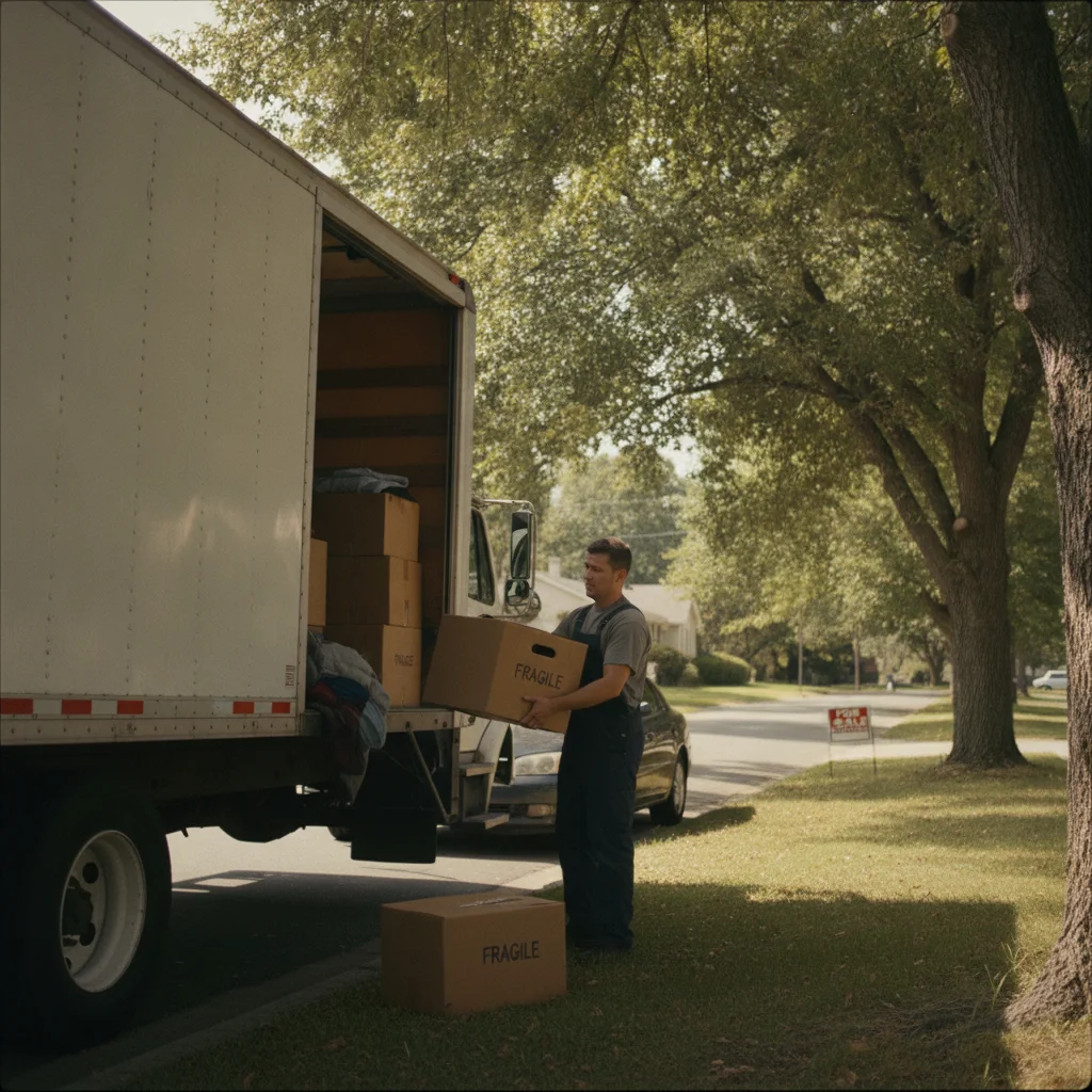A driver loading moving boxes into a truck parked next to their car on a suburban street.
