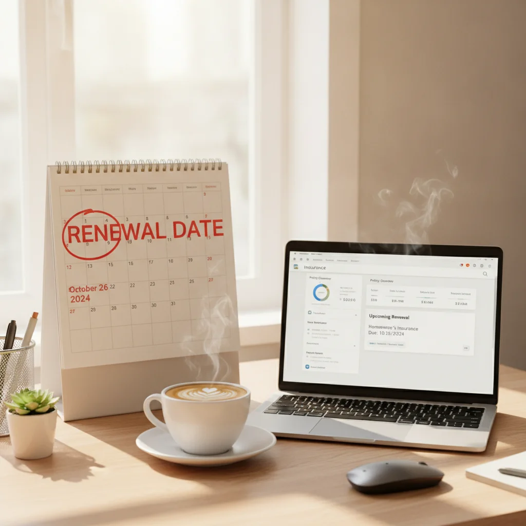 Calendar with insurance renewal date circled next to a laptop showing an insurance account dashboard.