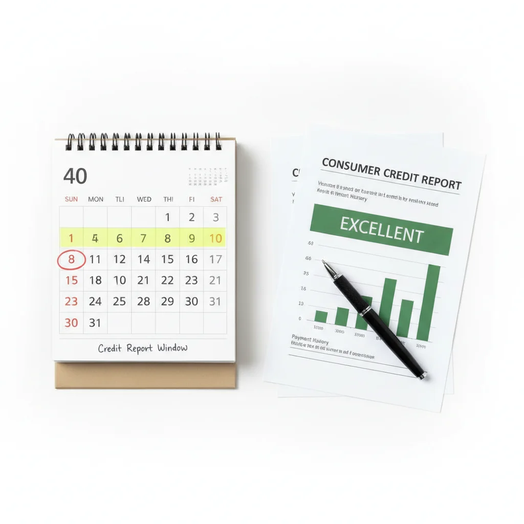 A calendar with highlighted dates beside a credit report showing a pre-approval window