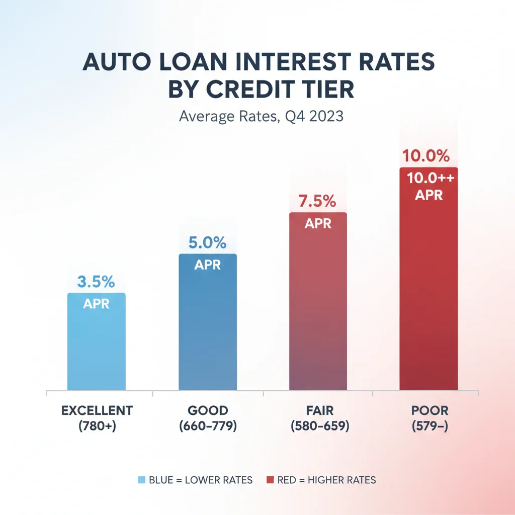 Bar chart showing how auto loan APR increases as credit score drops across lending tiers