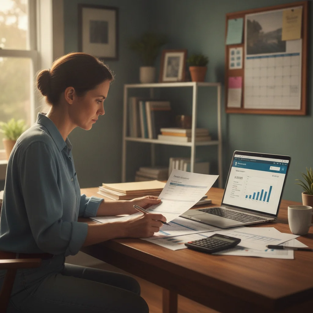 Person reviewing bank statements and financial documents at a home office desk before loan closing