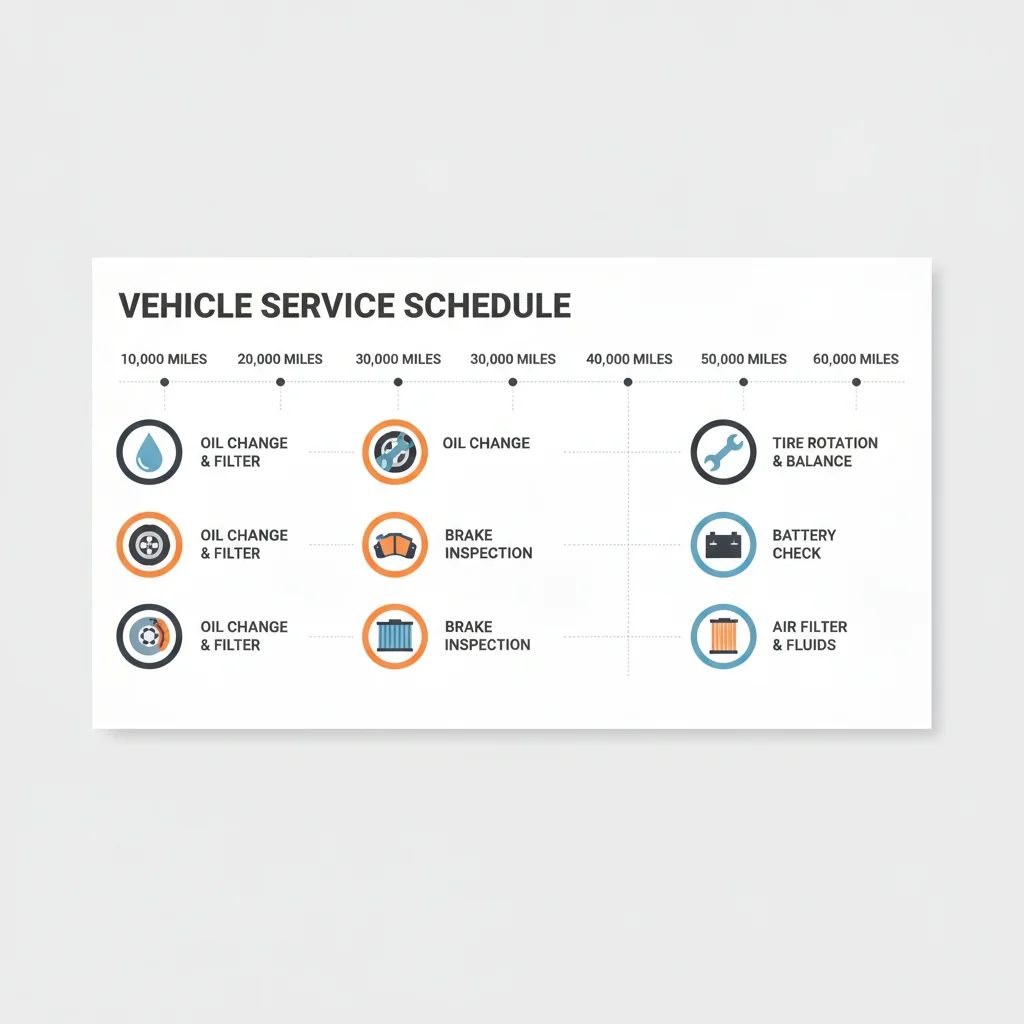 Vehicle maintenance schedule infographic showing service milestones at various mileage intervals