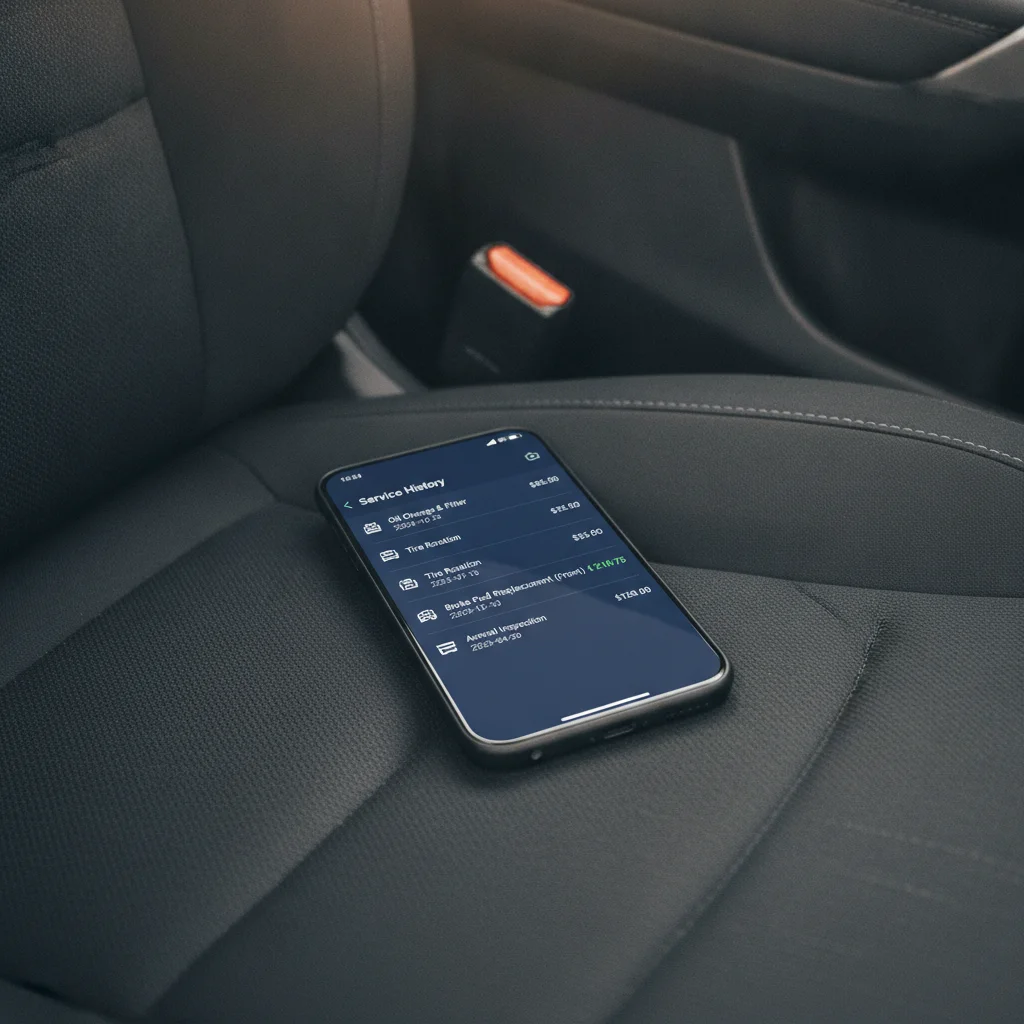 Smartphone showing a vehicle maintenance tracking app with service history log on a car seat