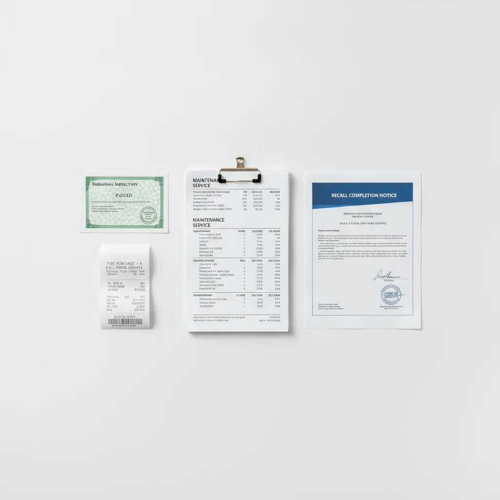 Organized collection of automotive service receipts, inspection certificates, and recall completion notices