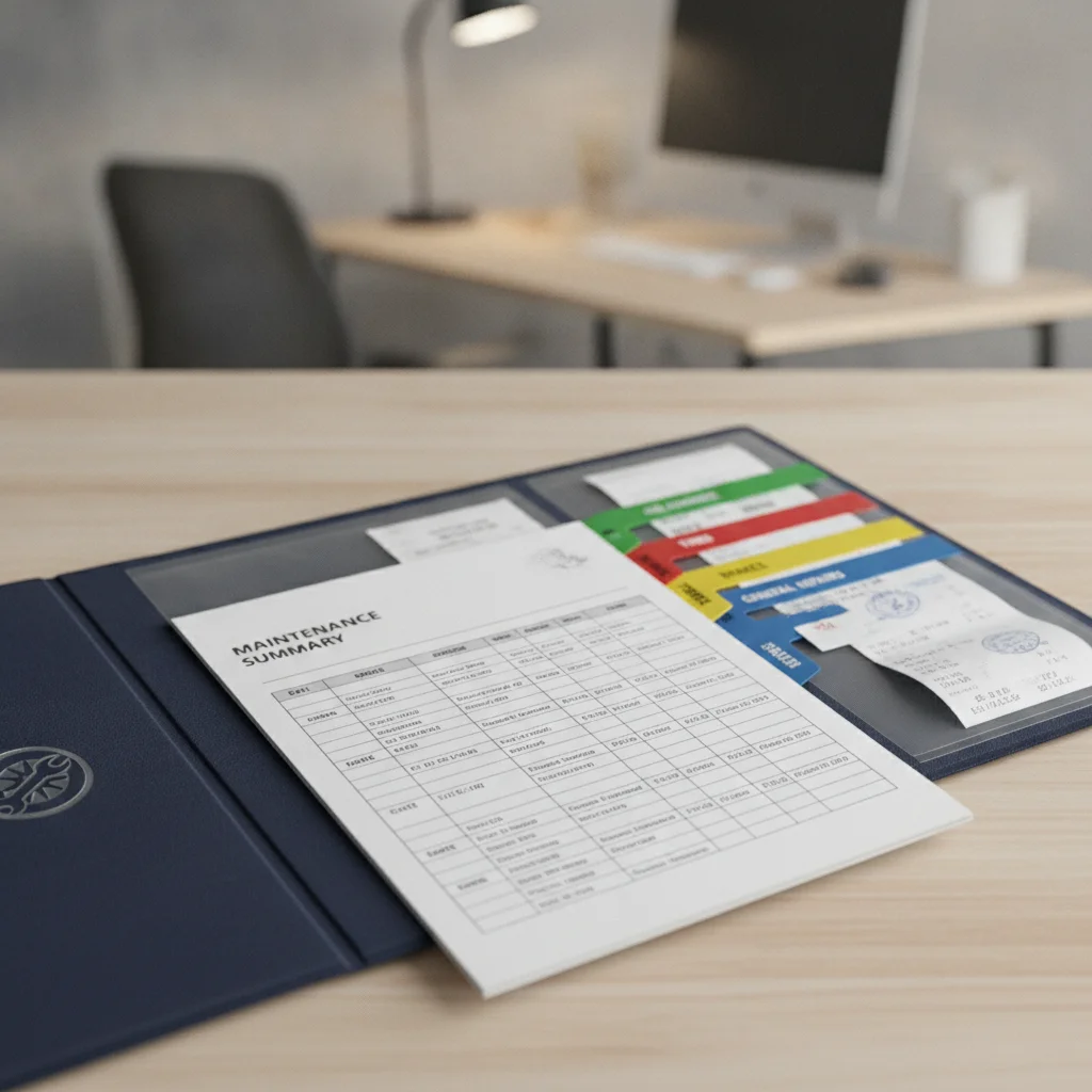 Open vehicle service binder with a printed maintenance summary and organized tabbed receipts behind it