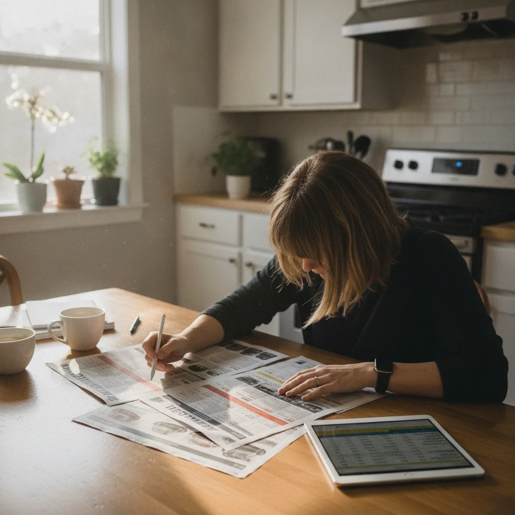 Person comparing printed car listings and digital valuation tool results at a kitchen table
