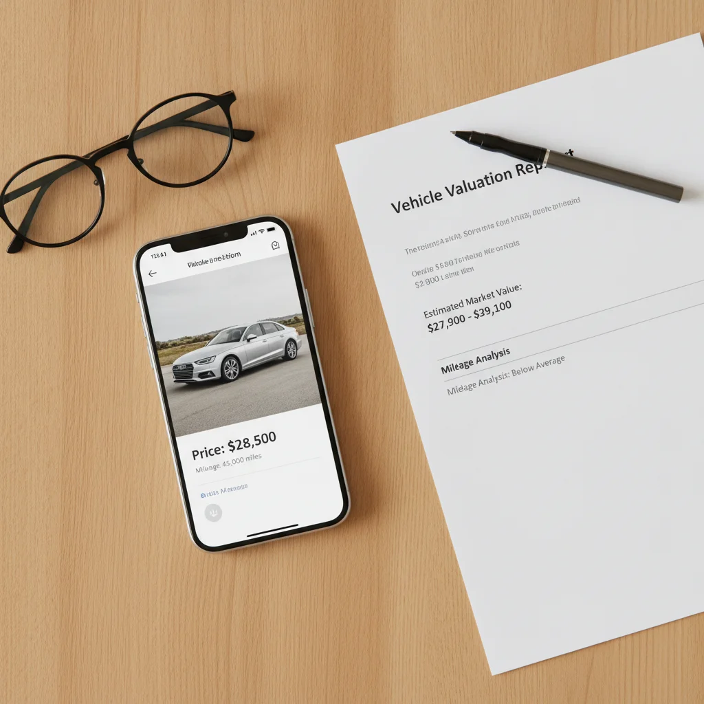 Smartphone showing car listing details beside a printed vehicle valuation report