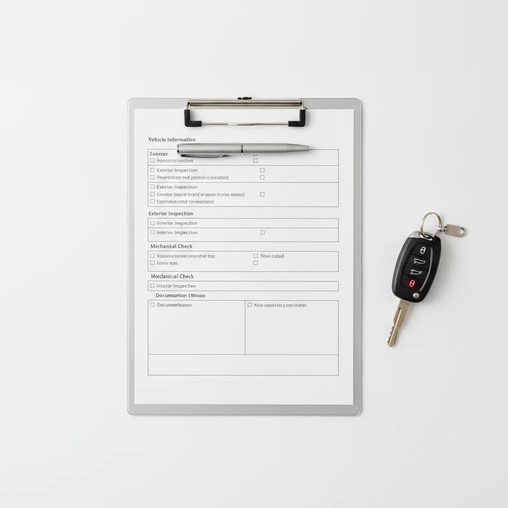 A car audit checklist on a clipboard with keys, ready for a pre-sale vehicle review.