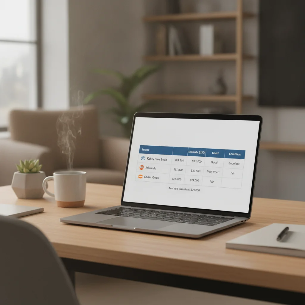 A laptop screen showing multiple car valuation tool estimates side by side for comparison.