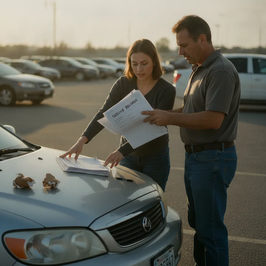 A car seller showing a buyer printed service records and vehicle history documents outdoors.