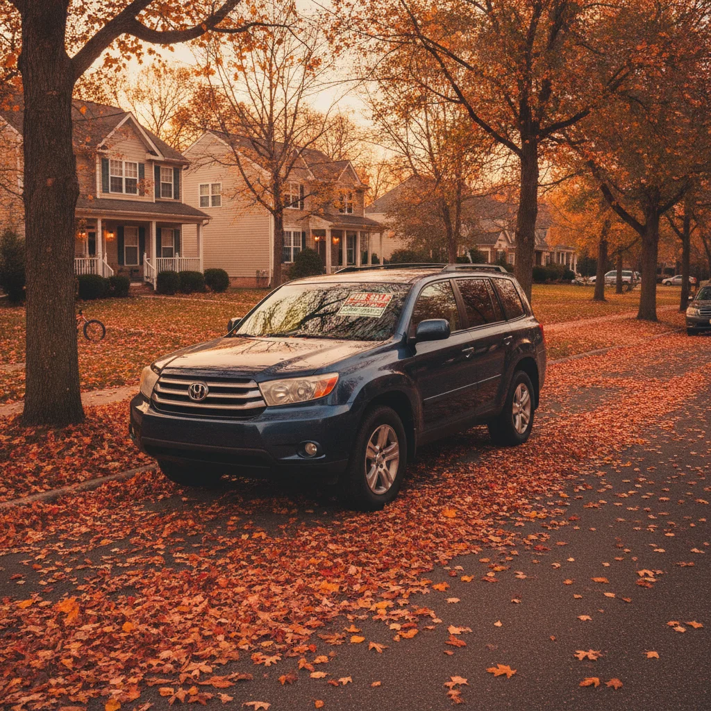 An SUV with a for-sale sign parked on a residential street during autumn, timing the sale seasonally.