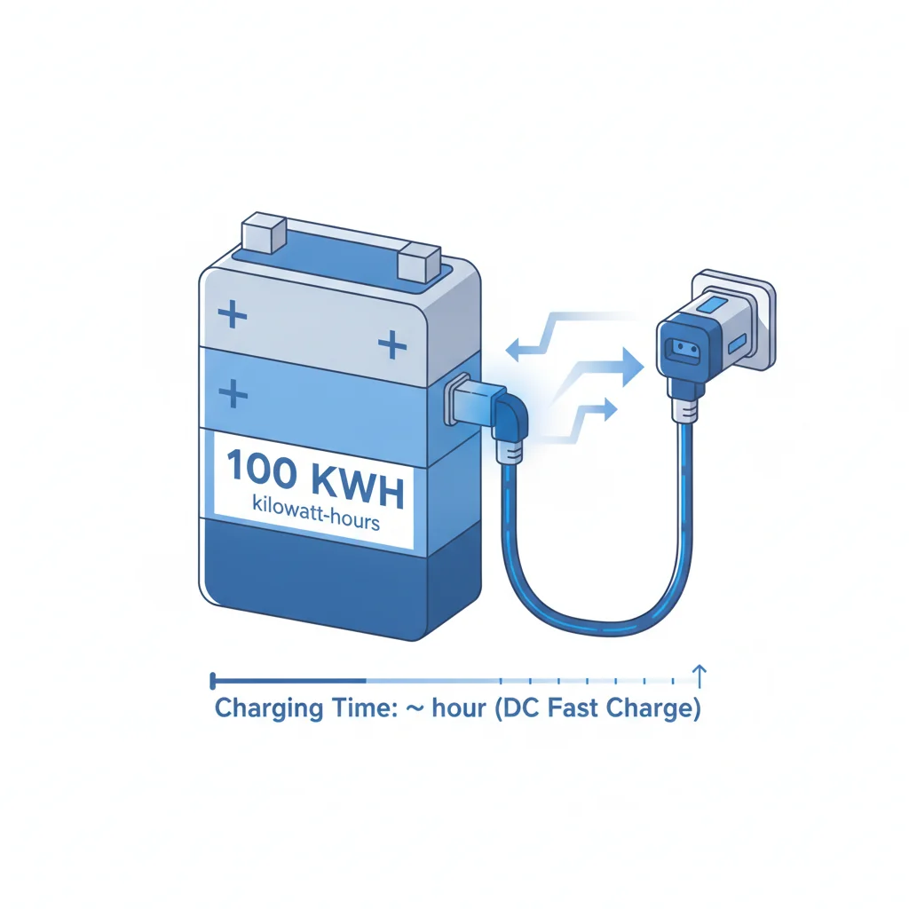 Infographic showing an EV battery pack capacity in kilowatt-hours connected to a charging cable