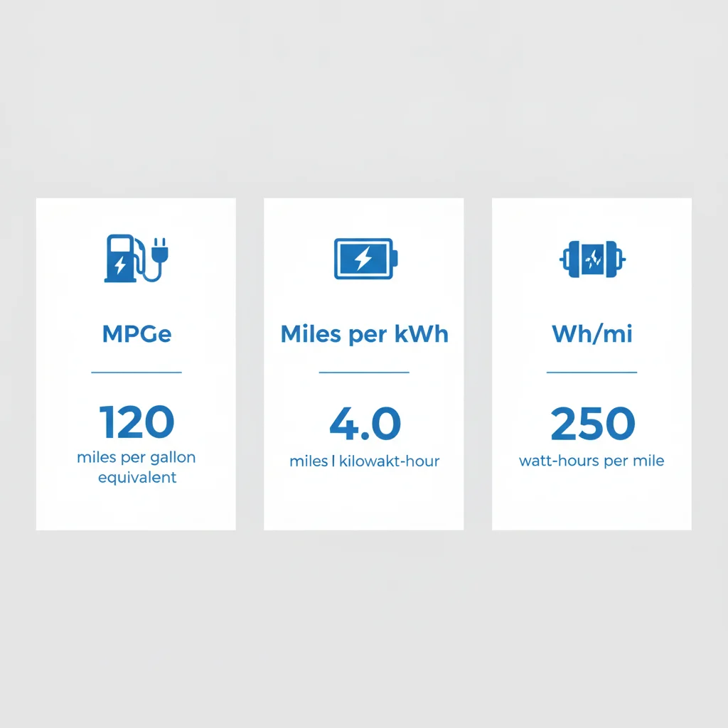 Side-by-side graphic comparing three EV efficiency metrics: MPGe, miles per kWh, and watt-hours per mile