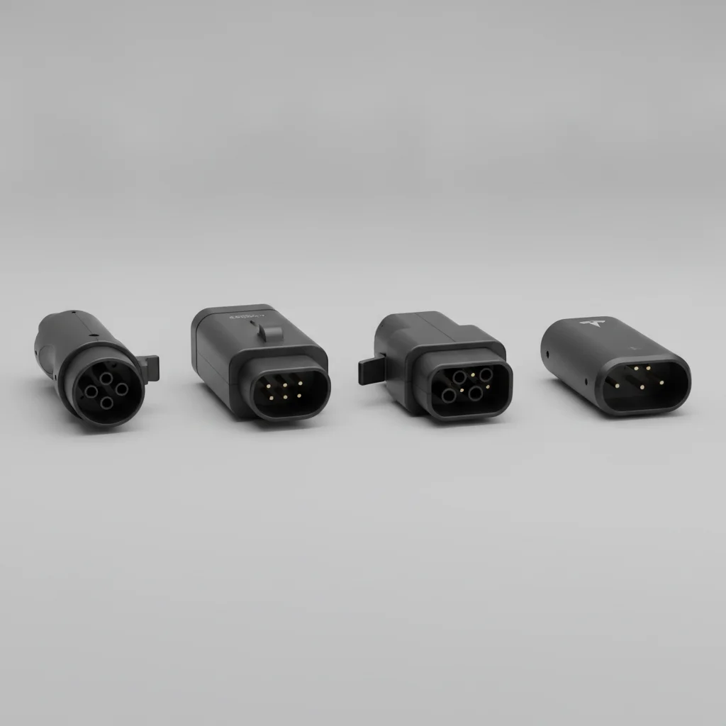 Four EV charging connector types — J1772, CCS, CHAdeMO, and NACS — arranged side by side for comparison