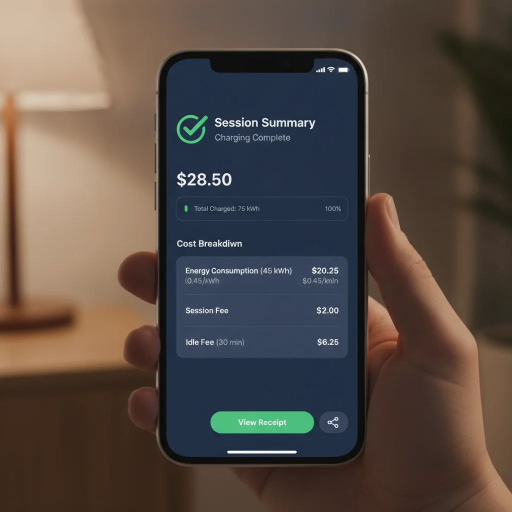 Smartphone showing an EV charging app with a detailed cost breakdown including per-kWh rate and session fees