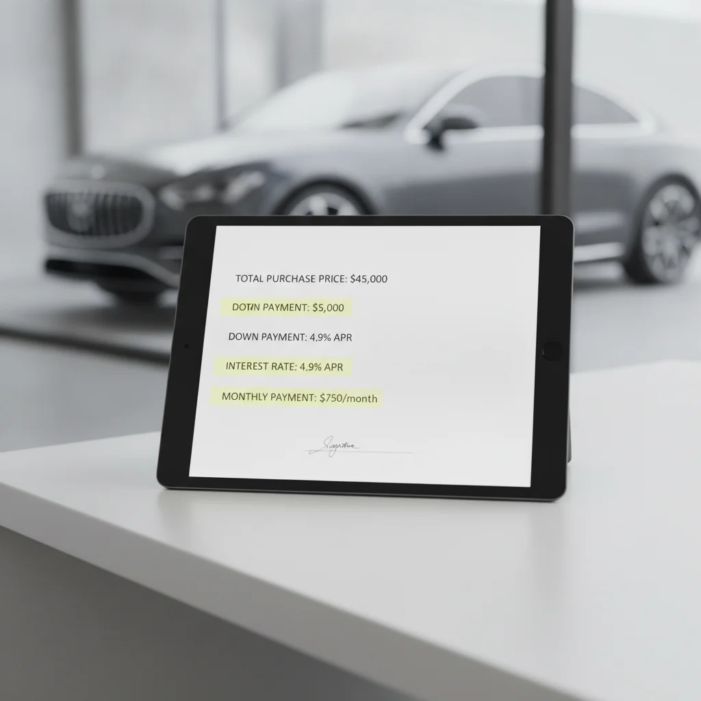 A tablet displaying a vehicle purchase agreement with highlighted terms on a desk