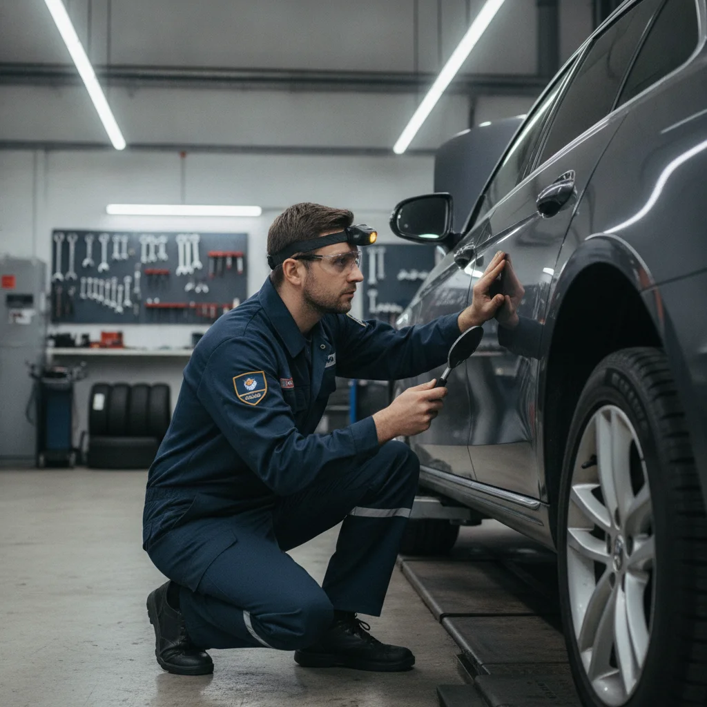 A vehicle inspector examining the exterior and underside of a car in a bright garage